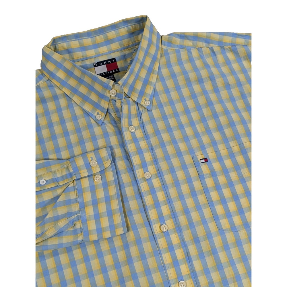 Tommy Hilfiger Shirt Mens XXL Yellow Blue Check Button Down Flag Vintage 2005